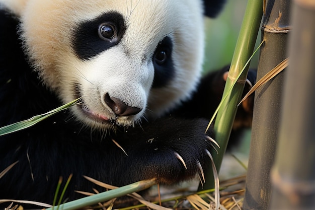 un ours panda est assis dans l'herbe et regarde quelque chose