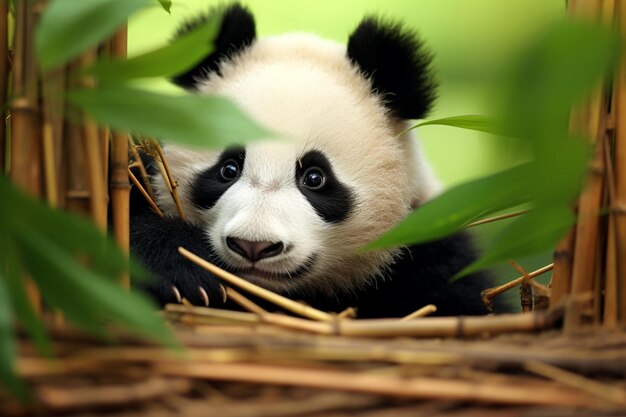 un ours panda est assis dans un panier avec du bambou en arrière-plan