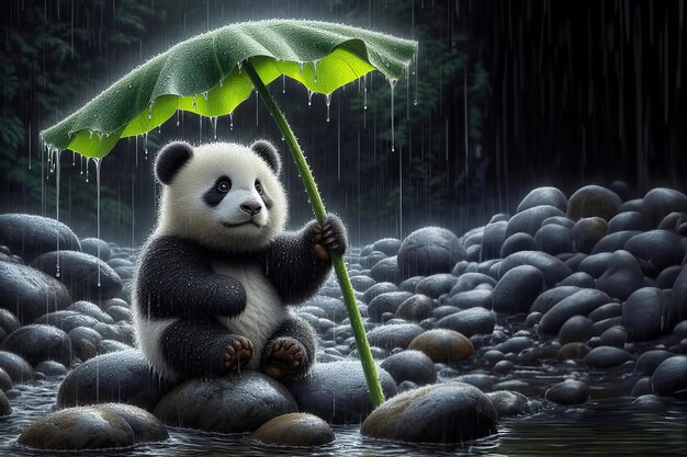 Photo un ours panda est assis sur un rocher sous la pluie tenant un parapluie.