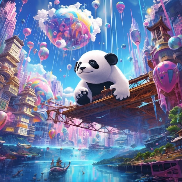 ours panda flottant dans le ciel avec des ballons flottant au-dessus de l'IA générative