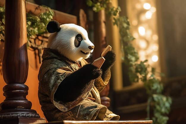 Photo un ours panda mange une collation devant une fenêtre