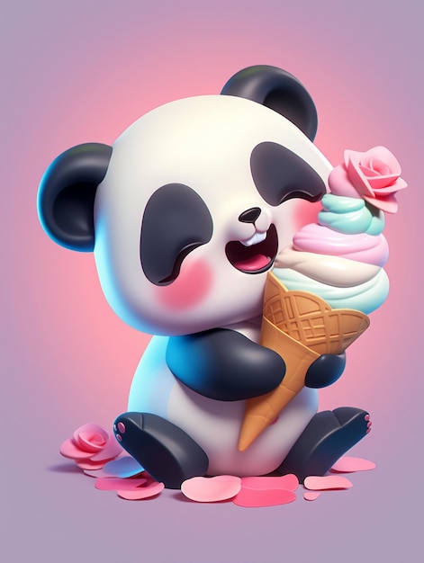 Un ours panda mangeant de la crème glacée avec des pétales de rose roses sur un fond rose.