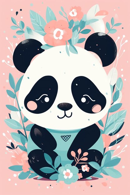 Photo ours panda mignon assis parmi les fleurs et les plantes illustration pour enfants de style scandinave