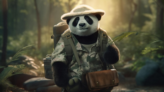 ours panda en tenue de camouflage portant un sac à dos dans les bois ai générative