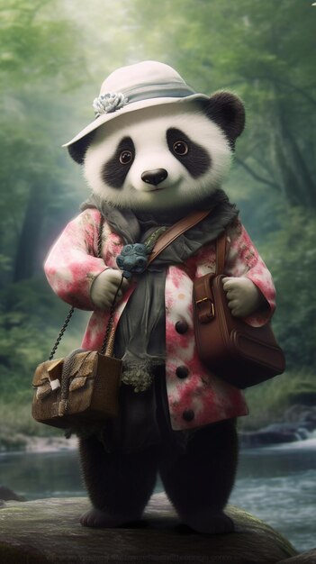 ours panda vêtu d'un manteau rose et d'un chapeau debout sur un rocher ai génératif