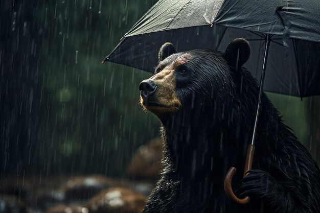 Un ours avec un parapluie sous la pluie