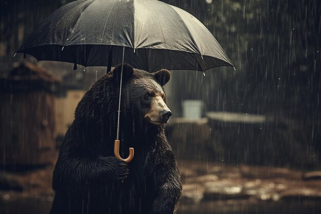 Un ours avec un parapluie sous la pluie