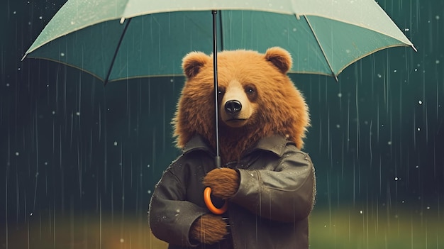 Un ours avec un parapluie sous la pluie