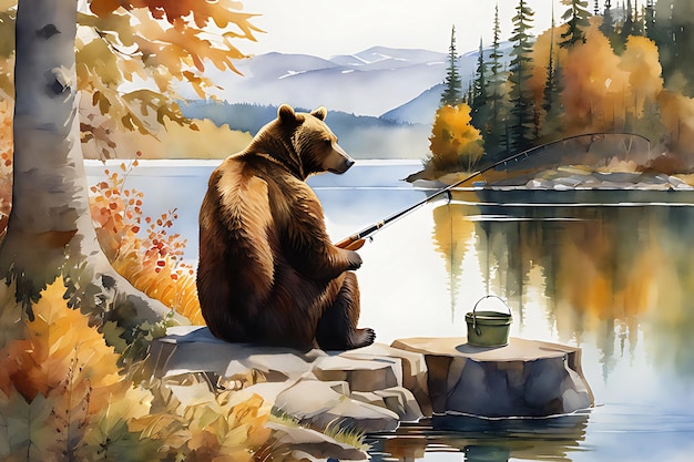 Un ours pêchant avec une canne à pêche en automne Peinture aquarelle