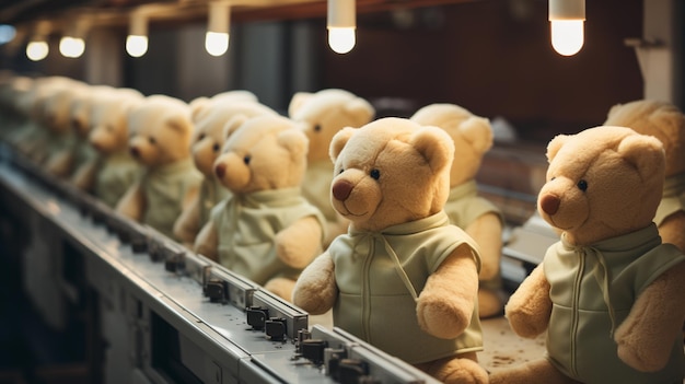 Photo des ours en peluche alignés sur un convoyeur d'usine