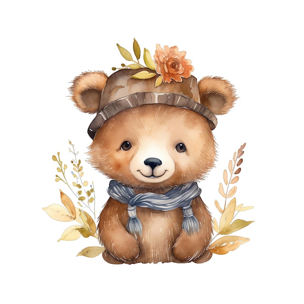 Ours en peluche aquarelle mignon dans une illustration de panier de paille