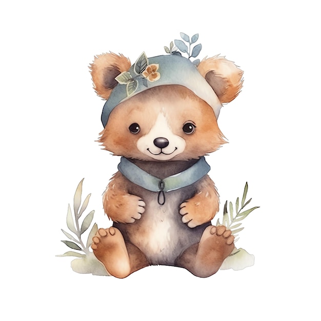 Ours en peluche aquarelle mignon dans une illustration de panier de paille