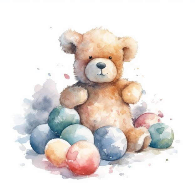 Ours en peluche aquarelle avec un tas de boules de neige sur fond blanc unique généré par l'IA