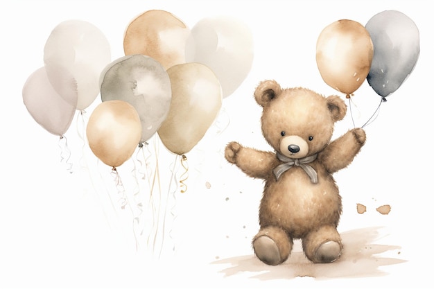 un ours en peluche aquarelle tient des ballons dans les airs dans le style gris et beige