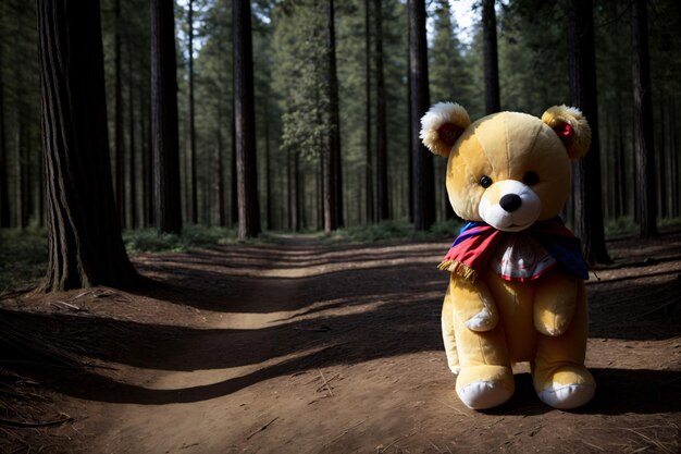 Un ours en peluche assis au milieu d'une forêt IA générative