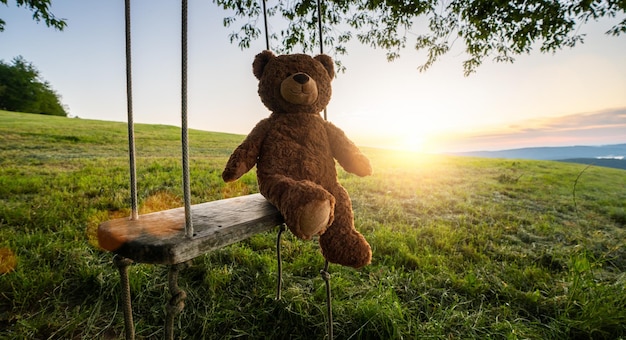 Ours en peluche assis sur une balançoire au coucher du soleil Thème de l'amour Concept sur l'amour et l'enfance