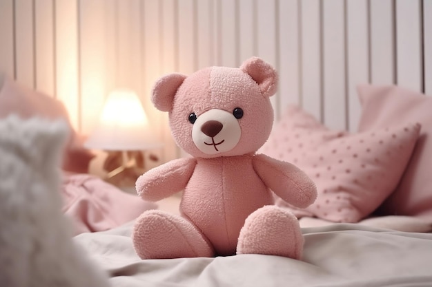 Un ours en peluche assis sur le lit