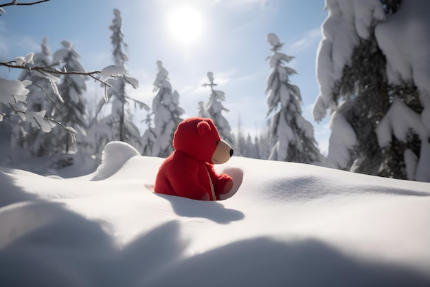 Ours en peluche assis sur une surface enneigée