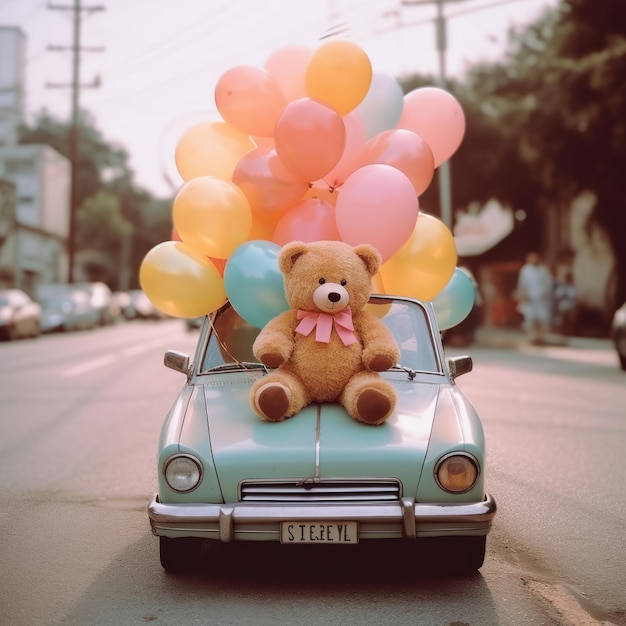 Photo ours en peluche assis sur une voiture avec un énorme ballon ai génératif