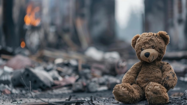 Un ours en peluche au milieu d'un bâtiment détruit