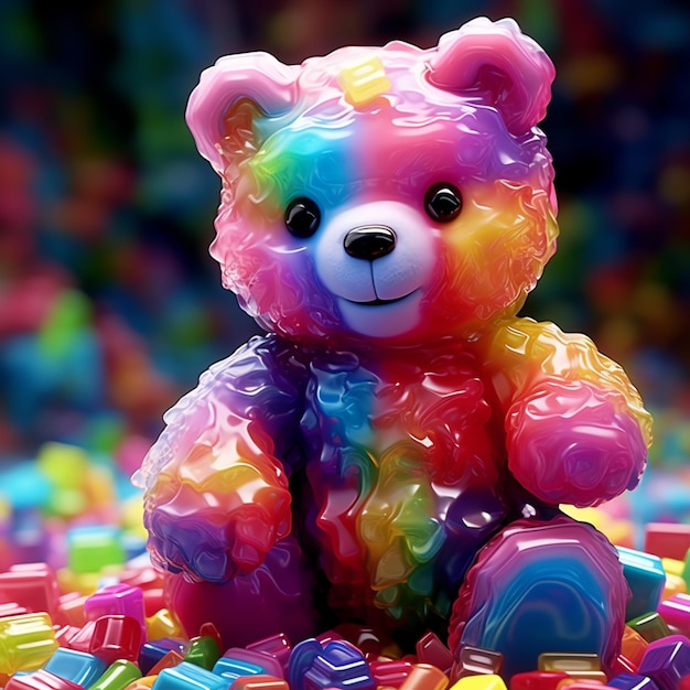 Photo ours en peluche aux couleurs vives assis sur un tas de blocs en plastique ia générative