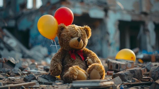 Un ours en peluche avec des ballons au milieu de la destruction urbaine symbolisant l'impact de la guerre sur les enfants
