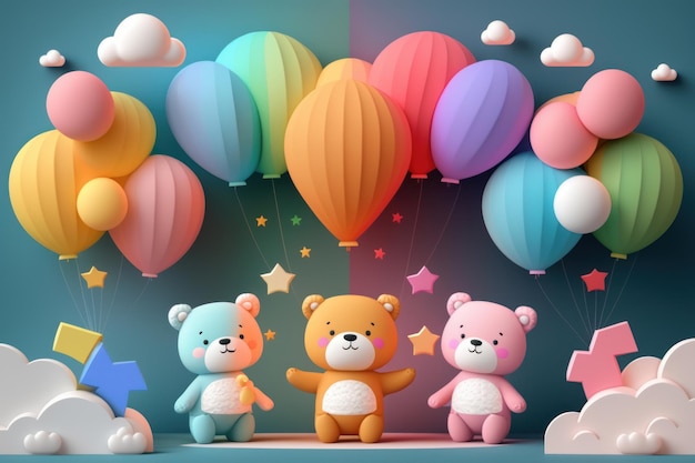 Ours en peluche et ballons colorés Generative AI