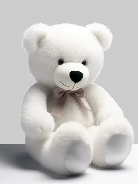 un ours en peluche blanc avec un noeud rose est assis sur une table