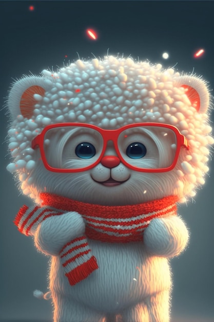 Ours en peluche blanc portant des lunettes et une écharpe ai générative