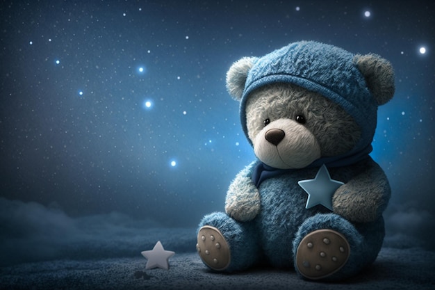 Photo un ours en peluche bleu avec un chapeau bleu est assis sur un fond de nuit étoilée.