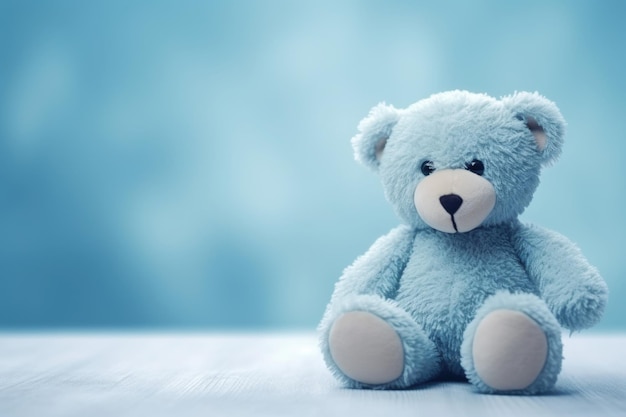 Un ours en peluche bleu est assis sur un fond bleu