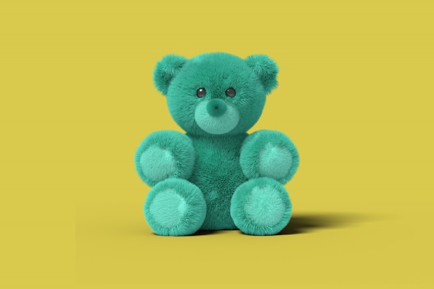 Ours en peluche bleu est assis sur le sol sur un fond jaune rendu 3D