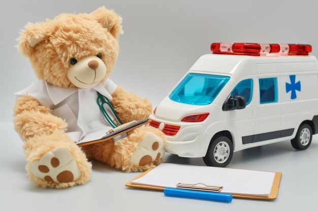 Un ours en peluche avec un bloc-notes à côté d'un jouet d'ambulance pour les urgences
