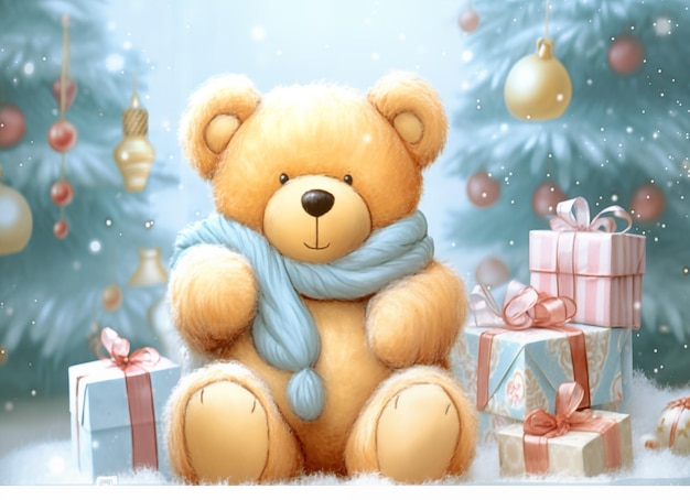 Un ours en peluche avec des boîtes à cadeaux et un arbre de Noël en arrière-plan