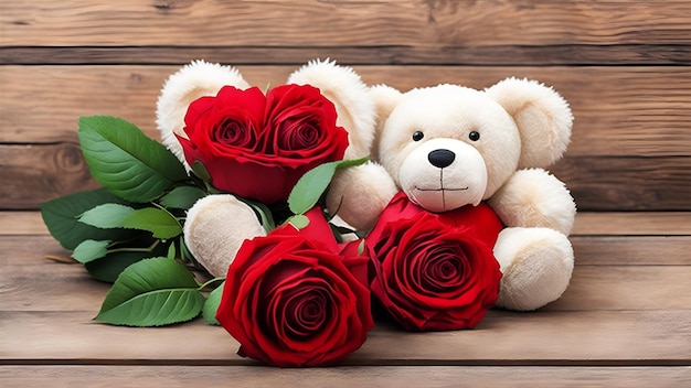 Un ours en peluche et un bouquet de roses rouges