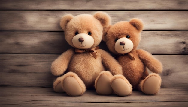 Des ours en peluche bruns sur fond de bois