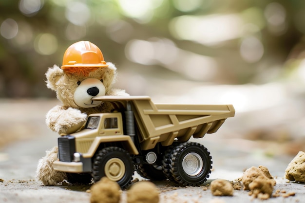 Un ours en peluche avec un chapeau dur conduisant un camion de décharge de jouets