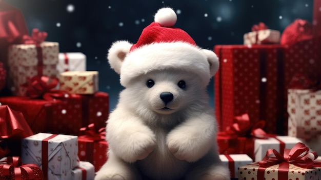 un ours en peluche avec un chapeau de Père Noël est assis à côté d'un cadeau de Noël