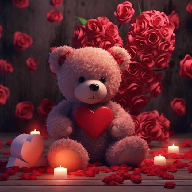 un ours en peluche avec un coeur qui dit "amour" en bas