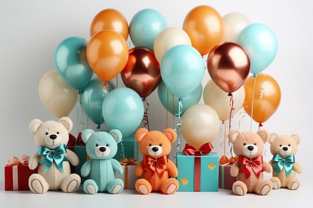 Ours en peluche avec coffrets cadeaux et ballons sur fond blanc rendu 3d