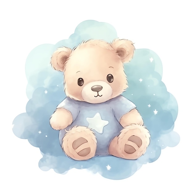 Photo un ours en peluche confortable reposant sur un nuage moelleux étreignant une étoile dans le style aquarelle