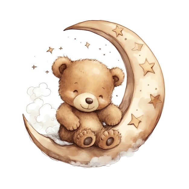 Photo un ours en peluche confortable reposant sur un nuage moelleux étreignant une étoile dans le style aquarelle