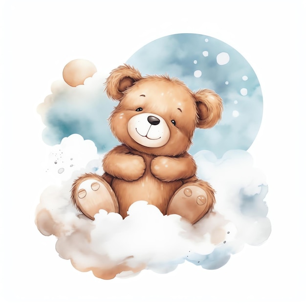 Photo un ours en peluche confortable reposant sur un nuage moelleux étreignant une étoile dans le style aquarelle