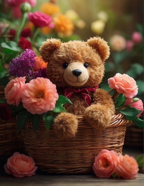 Un ours en peluche cool dans le style assis sur un panier avec de belles fleurs vibrantes