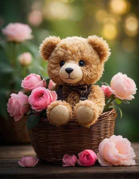 Un ours en peluche cool dans le style assis sur un panier avec de belles fleurs vibrantes