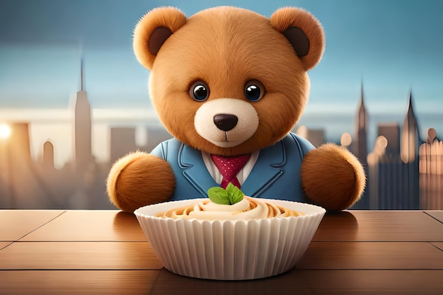 Un ours en peluche en costume-cravate est assis à une table avec une tarte devant lui.