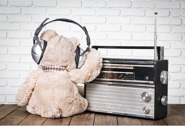 Ours en peluche dans les écouteurs et la radio