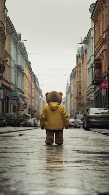 Un ours en peluche dans la rue de la vieille ville