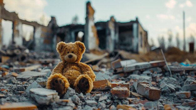 Photo un ours en peluche dans une ville ruinée par la guerre.