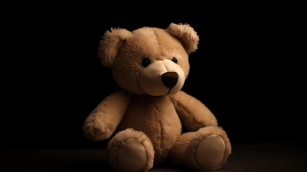 Un ours en peluche est assis dans le noir avec un fond noir.